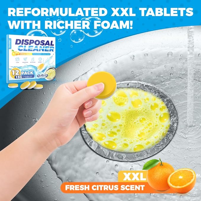 Qucship Garbage Disposal Cleaner Tablets - 12 Pack, XXL Foaming Disposal Cleaner - Powerful Deep Cleaning & Grease Remover, Septic Safe Kitchen Sink Drain Care for Maintenance