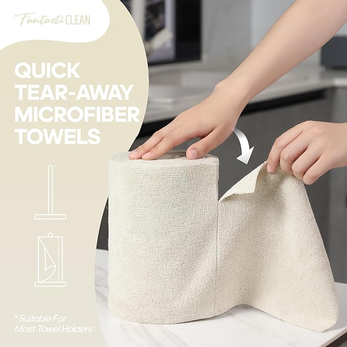 Fantasticlean Microfiber Cleaning Cloth Roll -60 Pack, Tear Away Paperless Towels, 8" x 8", Reusable Washable Rags, for House Kitchen, Pet, Office, Indoor Outdoor, Compact and Portable (Off-White)