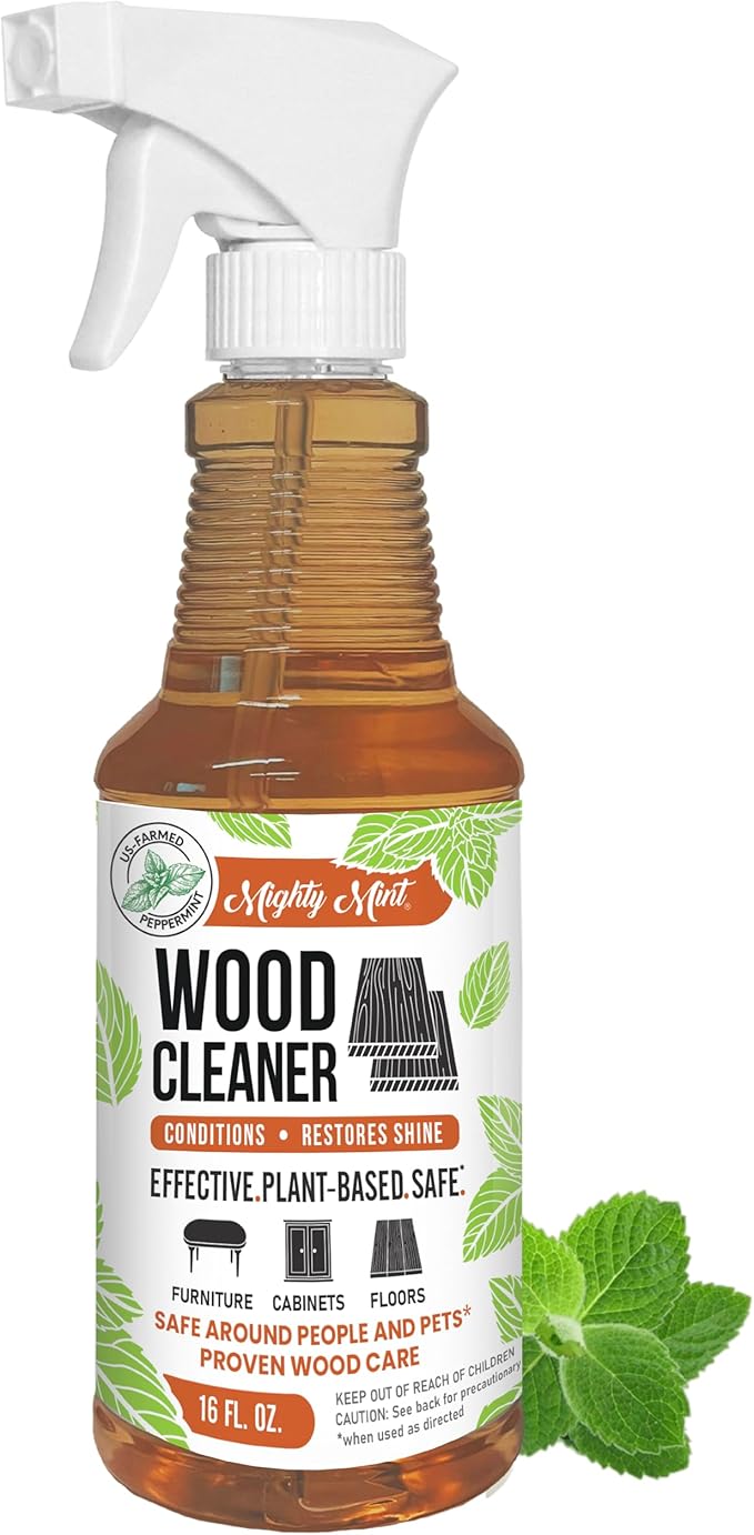 Mighty Mint Wood Cleaner & Conditioner Spray – Plant-Based Formula Cleans, Polishes & Renews Wood Furniture, Cabinets & Floors – Peppermint Scent, 16 oz