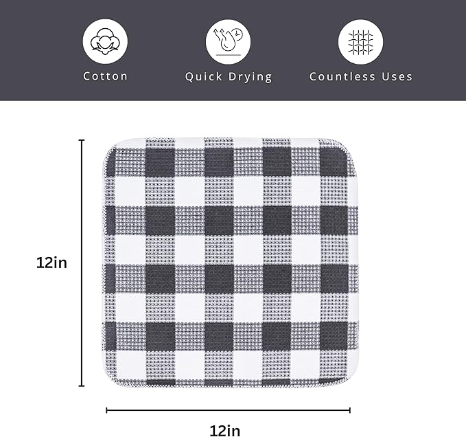 PurpleEssences Waffle Weave Plaid Dish Cloths, 100% Cotton, 12x12 Inch, Soft Absorbent Quick Drying Buffalo Check Dish Rags for Kitchen, 8 Pack, Christmas Holiday Winter - Steel Grey & White
