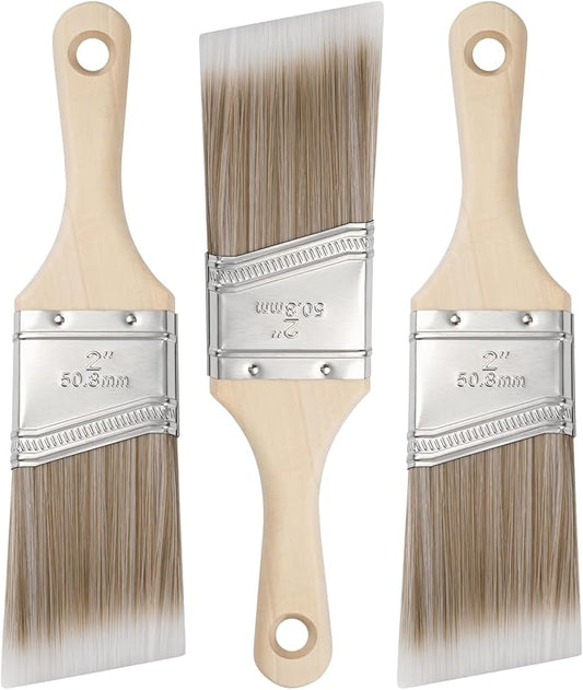 Mister Rui 3-Pack 2 Inch Angled Paint Brushes, Short Handle Professional Sash Brushes for Trim, Cabinets & Furniture, Smooth Finish for Oil & Latex Paint