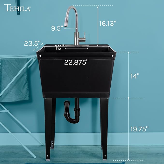 Laundry Sink Utility Tub With High Arc Metal Pull Down Faucet By JS Jackson Supplies, Stainless Faucet, Black Tub