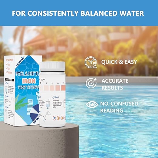 Iron Test Strips for Pool Water: 100 Counts Pool Iron Test Kit Testing 0-25 ppm Iron in Hot-Tub Spa - Pool Metal Test Kit for Above-grough and Inground Pool Testing Iron (Fe2+ and Fe3+)