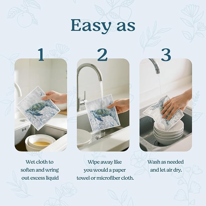 Swedish Dishcloths for Kitchen, Coastal Ocean Turtle Kitchen Dish Towels for Washing Dishes, 4 Pack Reusable Paper Towels Washable, Sponge Cloths for Home Cleaning Baking Cooking Decor