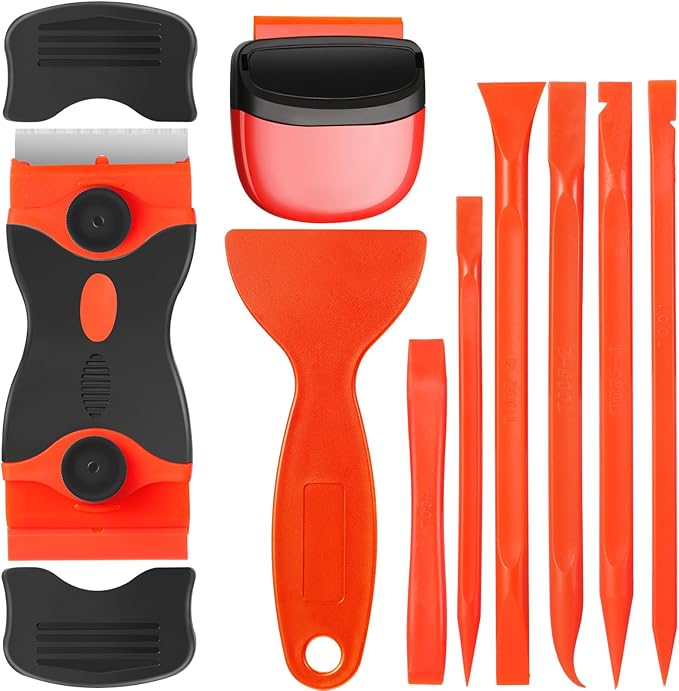 Tallew 9 Pcs Plastic Scraper Tool Sticker Plastic Razor Blade Scraper Plastic Pick Plastic Non Scratch Tool Putty Knife for Window Floor Label Removal Paint Cleaning(Orange)
