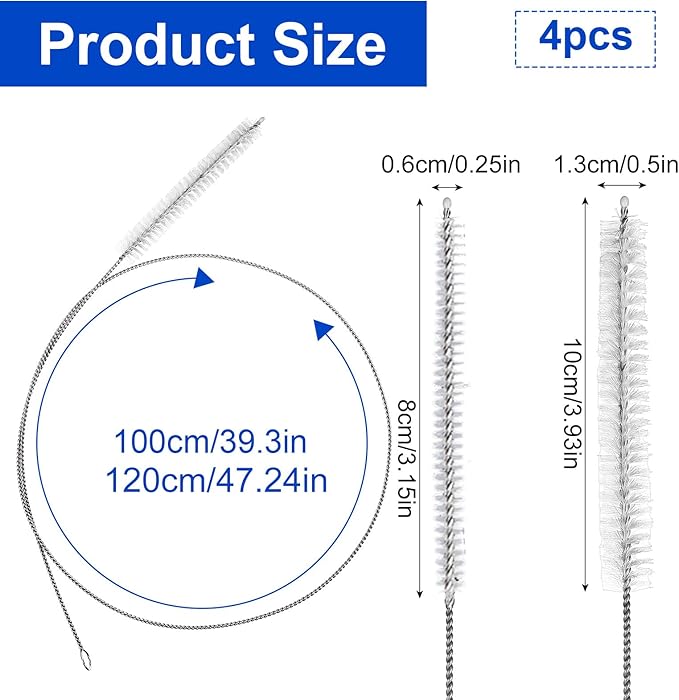 TIESOME 4 Pack Flexible Tube Cleaning Brushes, 39.37 and 47.24 Inch Stainless Steel and Nylon Bristles for Home Kitchen Car Sunroof Drain Fish Tank Fridge Pipe