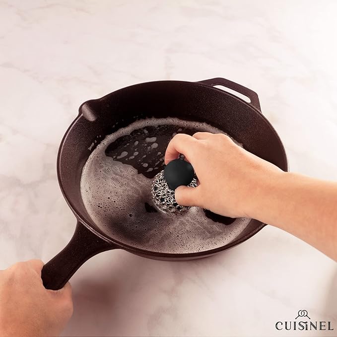 Cuisinel Cast Iron Chainmail Scrubber + Pan Scraper - Ergonomic Design Stainless/Silicone Cleaner for Pots & Skillets - Easy to Clean, Dishwasher Safe, Cookware Sponge Accessory