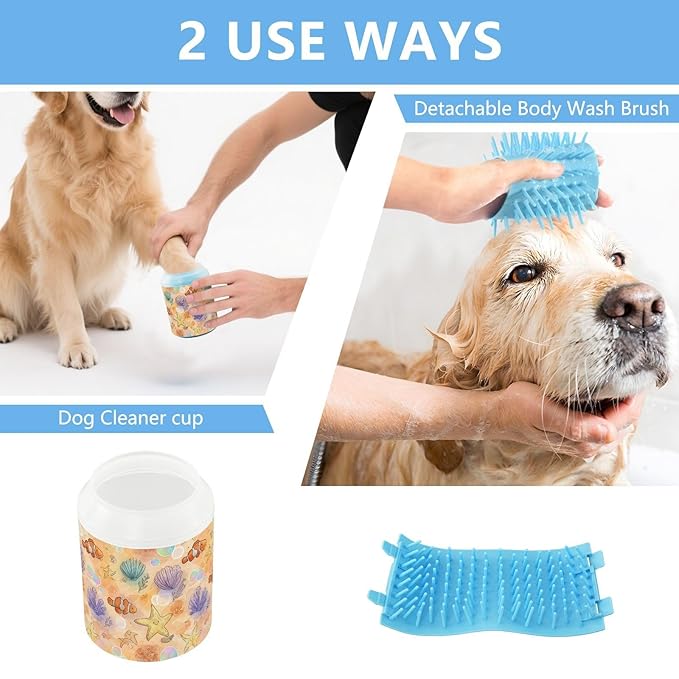 Dog Paw Cleaner Cups for Dogs Pets Foot Washer Paw Scrubber for Medium Small Cats Dogs Cute Cleaning Cup Orange Clownfish Starfish Shells Bubbles