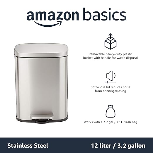 Amazon Basics Smudge Resistant Small Rectangular Trash Can With Soft-Close Foot Pedal, Brushed Stainless Steel, 12L/3.2 Gal, 11.3x9.9x15.1 in, Satin Nickel Finish