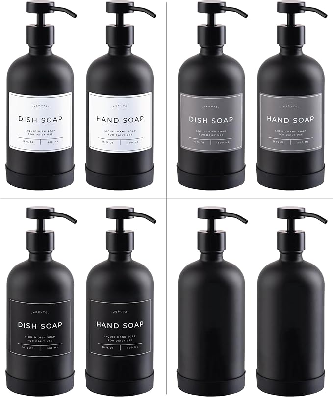 Hand and Dish Soap Dispenser for Kitchen and Bathroom, Set of 2 16 Oz Glass Bottles, Stainless Steel Pumps, Non-Slip Silicone Base, 27 Waterproof Labels (Matte Black Bottle/Black Pump)