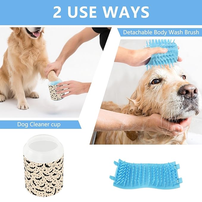 Dog Paw Cleaner Cups for Dogs Pets Foot Washer Paw Scrubber for Medium Small Cats Dogs Cute Cleaning Cup White Halloween Bats Stars