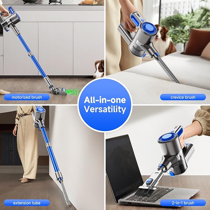 Cordless Vacuum Cleaner for Home, Powerful Stick Vacuum with Rechargeable Battery, Green Light Anti-Tangle Brush, 6-in-1 Lightweight Handheld Vacuum for Pet Hair, Hard Floor, Carpet