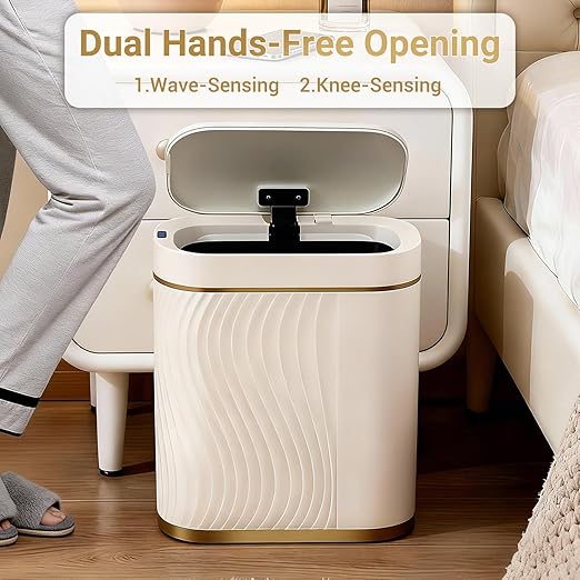 FreSup Automatic Motion Sensor Bathroom Trash Can with Lid - 2 Gallon Slim Touchless Automatic Garbage Can for Bedroom, Restroom, Office - White and Gold Aesthetic, Whisper Quiet, 11.6" Tall