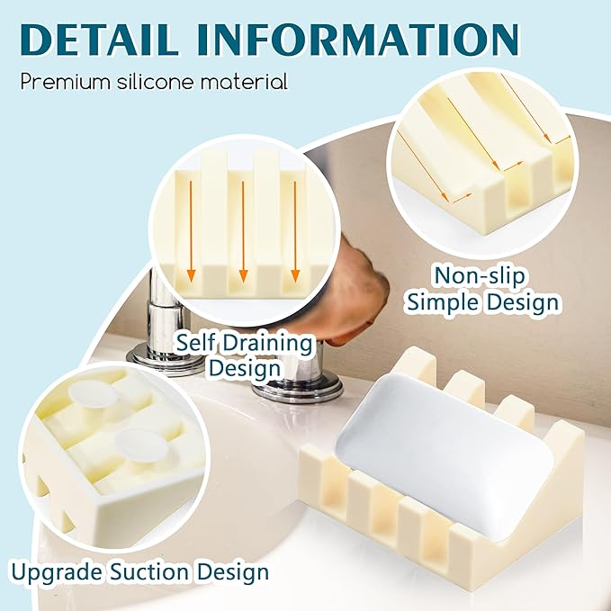 Silicone Soap Dish with Drain, Upgrade Double Suction Cups at The Bottom for Anti-Slip and Stability, Soap Dish Shower Waterfall Bar Soap Holder Tray with Drain Soap Holder (3, CreamWhite)