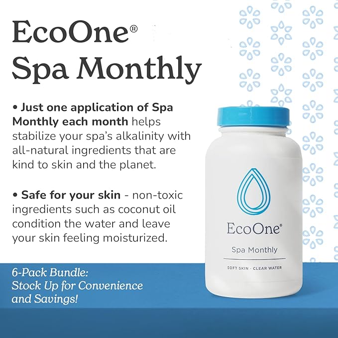 EcoOne Spa Monthly | Gentle All-Natural Spa Treatment | Conditioning Hot Tub, Pool, & Spa Cleaner | Above, In-Ground, or Inflatable Hot Tub Cleaner Stabilizes pH & Alkalinity, 8 Oz, (6-Pack)