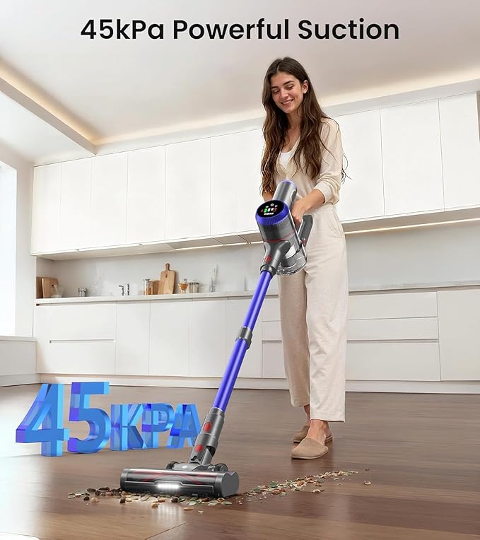 Cordless Vacuum Cleaner, 550W 45kPa 65Mins Vacuum Cleaners for Home with LED Display, Self-Standing Stick Vacuum with Anti-Tangle Brush, Rechargeable Vacuum Cordless for Pet Hair/Carpet/Floor