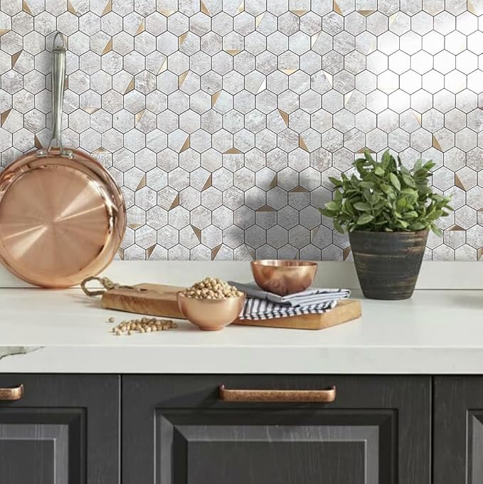 DICOFUN 1 Hexagon Tile Peel and Stick Backsplash, Beige Stone Look PVC Mixed Gold Metal Mosaic Tiles
