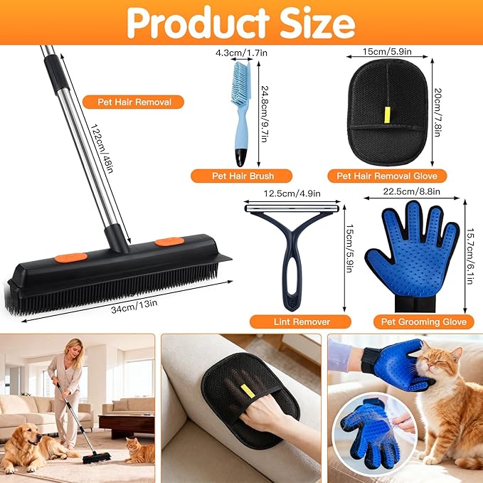 Carpet Rake for Pet Hair Removal, 5 in 1 Reusable Pet Hair Removal Tool Kit, Cat & Dog Hair Carpet Rake, Adjustable Long Handle Pet Hair Removel Tool, Pet Hair Broom for Carpet, Rugs, Mats, Furniture