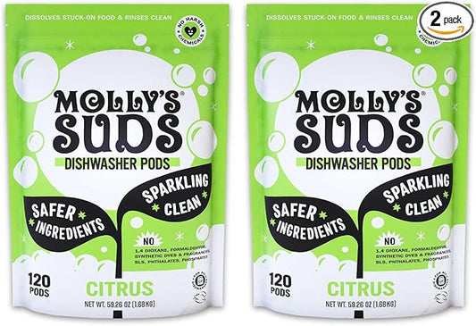 Molly's Suds Dishwasher Pods | Clean Dishwasher Detergent, Cuts Grease & Rinses Clean (Residue-Free) for Sparkling Dishes | 120 Auto-Release Tabs (Citrus) (Pack of 2)