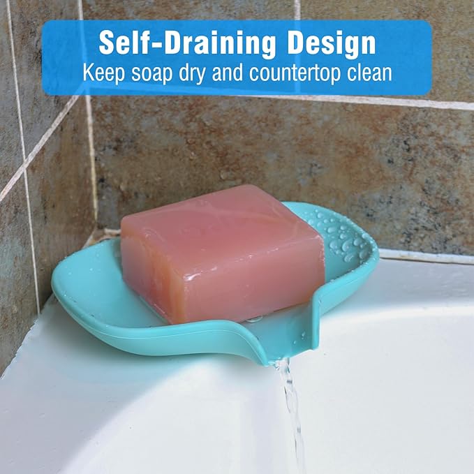 3 Pack Silicone Soap Dish with Drain, Bar Soap Holder for Shower/Bathroom, Self Draining Waterfall Soap Tray/Saver for Kitchen, Keep Soap Dry, Easy to Clean