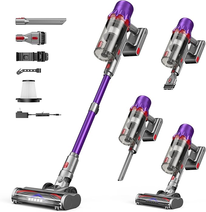 Cordless Vacuum Cleaner for Home - Powerful Stick Vacuum with HEPA Filter, 55-Min Runtime, LED Light, Anti-Tangle Brush, Detachable Battery,Lightweight Vacuum for Pet Hair,Carpets & Hard Floors