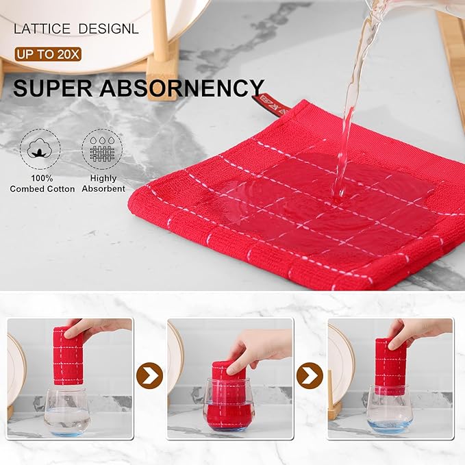 Mordimy 100% Cotton Terry Cloth Dish Cloths, Soft and Absorbent Checkered Dish Towels, Quick Drying Dish Rags for Washing Dishes, 6 Pack, 12 x 12 Inches, Red