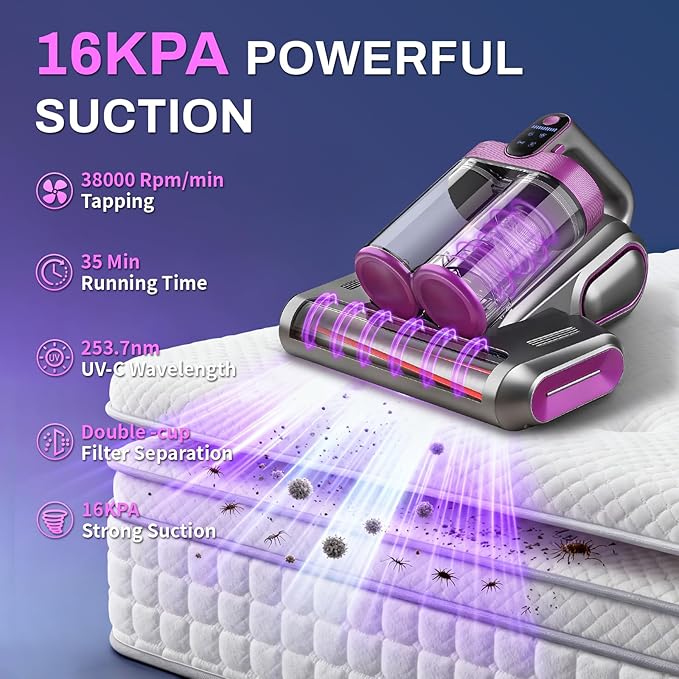 Cordless Mattress Vacuum Cleaner, 16kpa Bed Vacuum Cleaner with 253.7nm Uv-C Light & Ultrasonic Tech Dual Bins for Dust & Widen Suction Port 120w for Bed Sofa & Pet Hair(Purple)