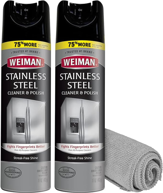 Weiman Stainless Steel Cleaner & Polish Streak-Free Shine - For Refrigerators, Oven, Dishwasher, Stove - 2 Pack Aerosol Spray with Microfiber Cloth Included