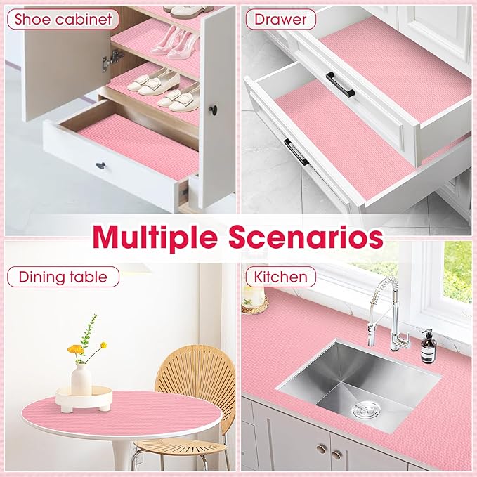Drawer and Shelf Liner, Non-Slip Kitchen Cabinet Liners Non-Adhesive Thick Strong Grip Waterproof Washable Mats Protect Dresser Shelves Cupboard Bathroom Cabinets, Pink, 12 in X 10 FT