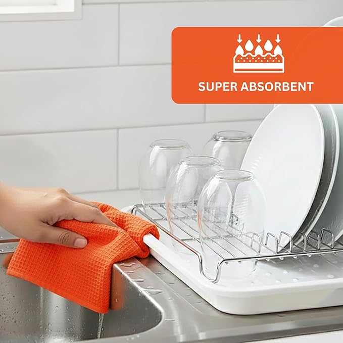PurpleEssences Waffle Weave Kitchen Towel, 100% Cotton - 15x25 Inches, with Hanging Loop Ultra Soft Absorbent Quick Drying Dish Cloth, Tea and Hand Towels, 6 Pack - Christmas Holiday Winter - Orange