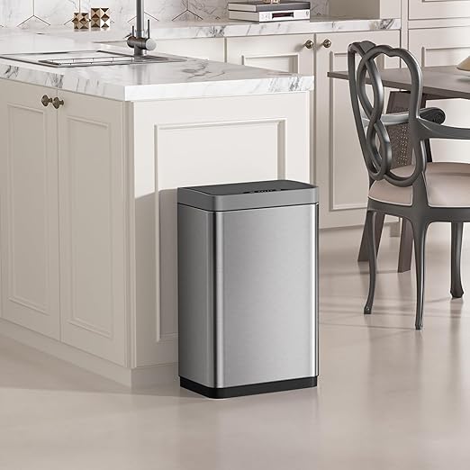 Mbillion Automatic Trash Can - 15 Gallon Motion Sensor Stainless Steel Smart Trash Can with Lid - Rectangular Touchless Garbage Can for Kitchen, Bedroom, Home Office - Silver