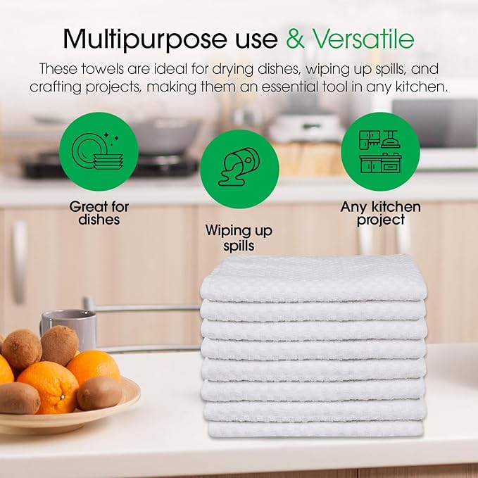 DG Collections White Kitchen Towels - 100% Cotton Terry Tea Towels for Cleaning, Drying, and Highly Absorbent Kitchen Dish Cloth for Bar Cleaning - 8 Pack - 15 x 25 Inches