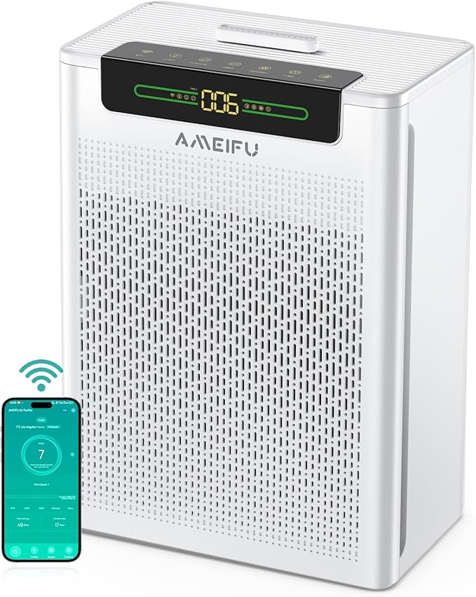 AMEIFU Air Purifiers for Home Large Room, Up to 3000 ft² with Smart WiFi APP Control, Hepa Air Purifier with Washable Filters, PM 2.5 Display for Bedroom, Pets Hair, Pollen, Dander, Smoke