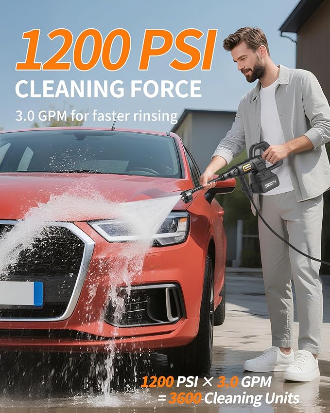 Cordless Pressure Washer Battery Powered; 1200PSI Cordless Power Washer with Brushless Motor, 4.0Ah Battery, 6-in-1 Nozzle, 3 Level; Handheld Portable Pressure Washer (5022-BK5)