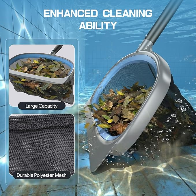 UIRWAY 4-in-1 Deluxe Swimming Pool Cleaning Kit - Includes Upgrade Triangular Pool Vacuum Head, Detachable Brush, Deep Leaf Skimmer Net, Adjustable Aluminum Pole Inground & Above Ground Pools