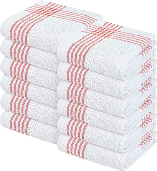 Waffle White & Red Kitchen Dish Towels, Set of 12, 100% Cotton 16x26 inches, Absorbent Tea Towel, Multi-Purpose Hand Cleaning Towel, Strong and Reusable Dish Cloths for Drying Dishes