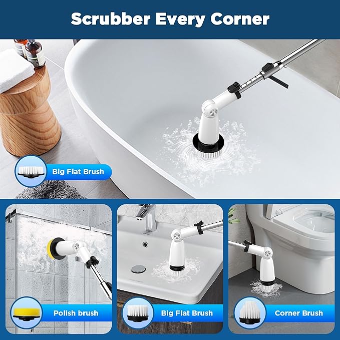 EcoGecko Electric Spin Scrubber, Bathroom Cleaner, Power Shower Cleaning Brush with Extendable Handle & 4 Brush Heads, Dual Speed & USB-C Charging, Shower Scrubber for Bathtub, Tile, and Floor