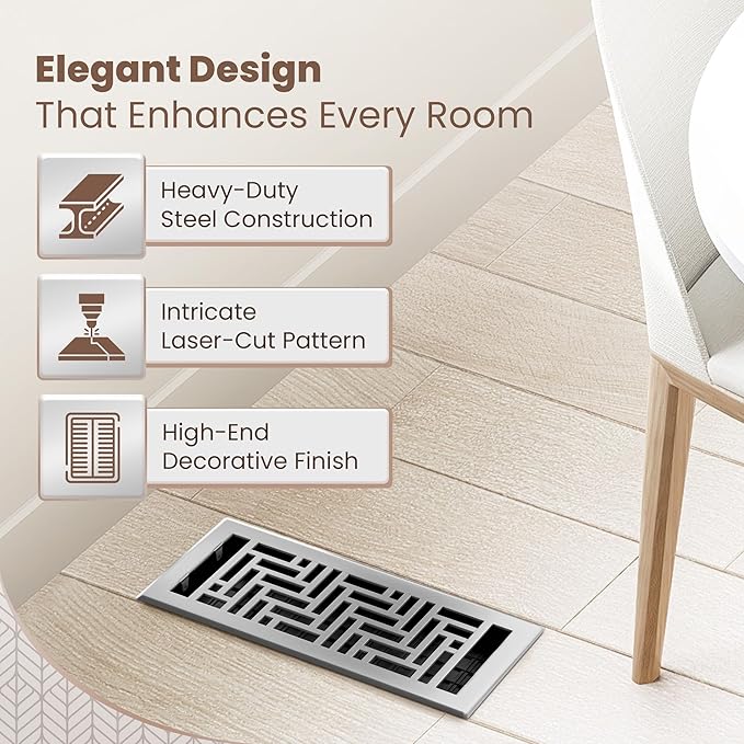 Floor Register 4x10 Vent Cover – Heavy-Duty Steel, Rustproof & Walkable Grates, Easy Drop-in Install, Adjustable Air Supply Switch - Decorative Herringbone Design, Brushed Nickel
