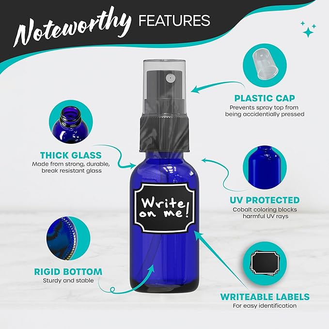 Nevlers 1 Oz Blue Glass Spray Bottles for Cleaning, Refreshment & More | Small Spray Bottle Travel Size 24 Pack w/Shrink Wrap, Funnel, Brush, Marker & Labels | Perfume Travel Refillable Containers