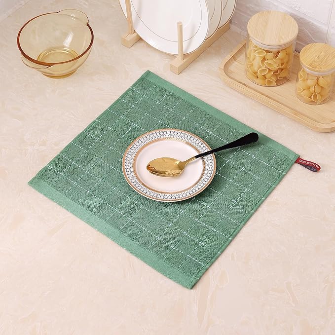Mordimy 100% Cotton Terry Cloth Dish Cloths, Soft and Absorbent Checkered Dish Towels, Quick Drying Dish Rags for Washing Dishes, 6 Pack, 12 x 12 Inches, Grass Green