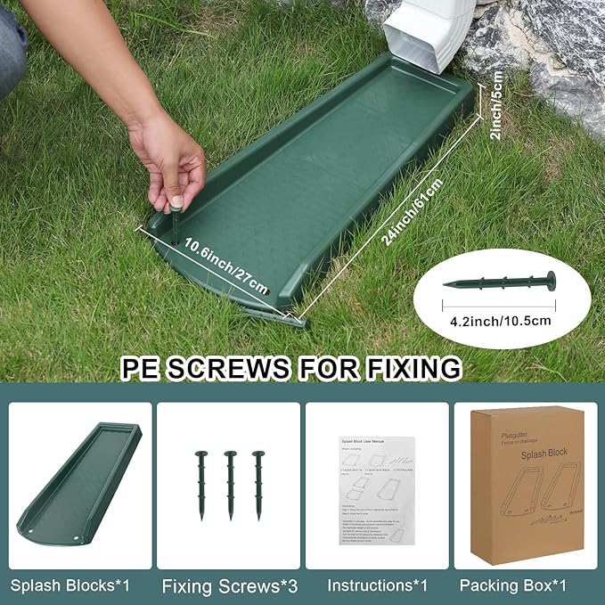 Rain Gutter Downspout Splash Block, Gutter Downspout Extensions for Water Drainage, 24" Gutter Splash Guards Downspout Extender, Fixable Down spout Drain Trays with PE Nails(1 Pack, Green)