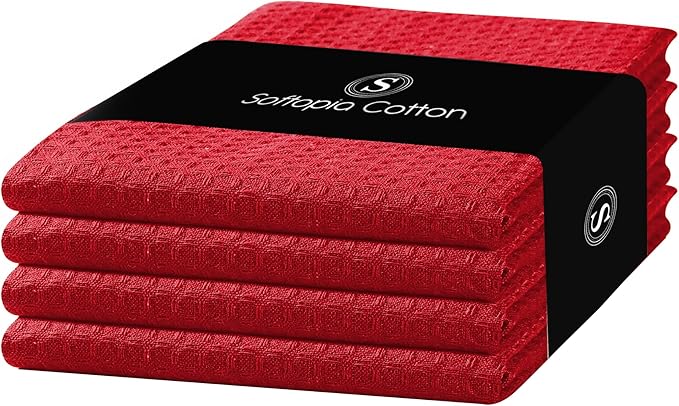Red Waffle Kitchen Towels, 100% Cotton, Quick Dry, Super Absorbent, Soft, Lint-Free, 16x26 Inches, with Hanging Loop - Ideal for Dish Drying, Bar, Tea, Cleaning & Everyday Use, 4 Pack