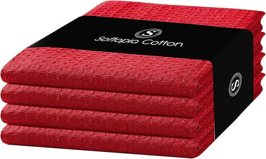 Red Waffle Kitchen Towels, 100% Cotton, Quick Dry, Super Absorbent, Soft, Lint-Free, 16x26 Inches, with Hanging Loop - Ideal for Dish Drying, Bar, Tea, Cleaning & Everyday Use, 4 Pack