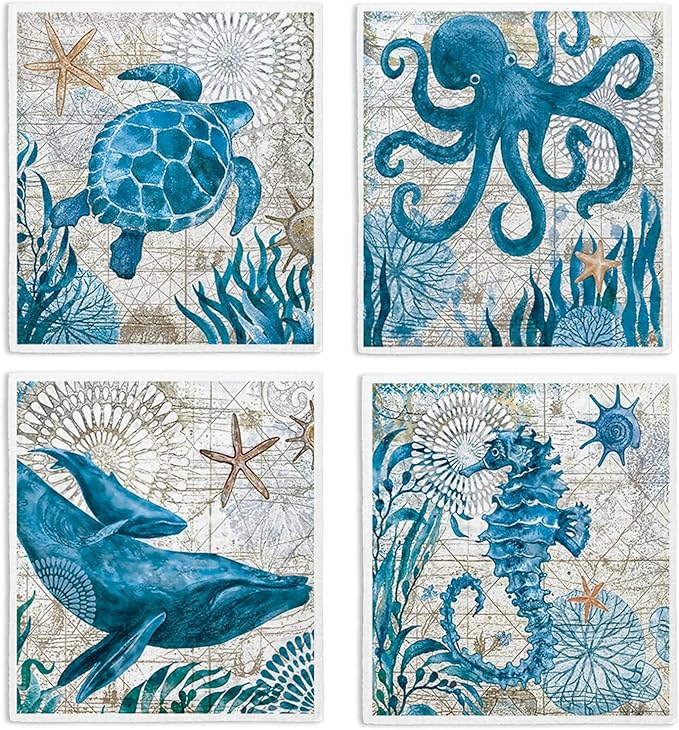 Swedish Dishcloths for Kitchen, Summer Coastal Beach Decor Kitchen Dish Towels for Washing Dishes, 4 Pack Reusable Paper Towels Washable, Sponge Cloths for Cleaning Home Kitchen Decor