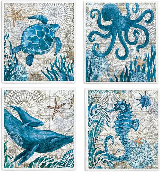 Swedish Dishcloths for Kitchen, Summer Coastal Beach Decor Kitchen Dish Towels for Washing Dishes, 4 Pack Reusable Paper Towels Washable, Sponge Cloths for Cleaning Home Kitchen Decor