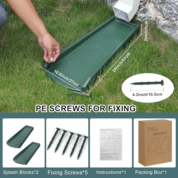 Rain Gutter Downspout Splash Block, Gutter Downspout Extensions for Water Drainage, 24" Gutter Splash Guards Downspout Extender, Fixable Down spout Drain Trays with PE Nails(2 Pack, Green)