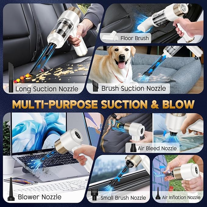 JONYJ Handheld Car Vacuum Cleaner, 16000PA Hand Held Vacuum Portable Cordless, 2 in 1 Air Duster and Vacuum Cleaner with LED Light, Multi-Nozzles, 120W High Power Mini Vacuum for Home, Pet, Office