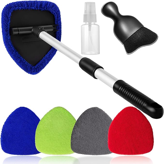 7pcs Windshield Cleaner Tool Car Window Cleaning Wash Kit with 4 Reusable Microfiber Pads 1 Spray Bottle and Extendable Handle Auto Glass Wiper Kit, Multicolor