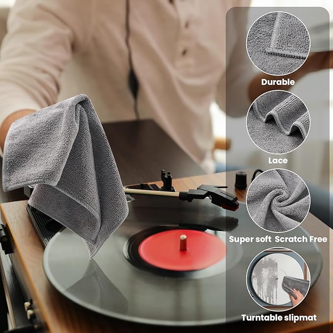 Honeydak 8 Pack Microfiber Record Cleaning Cloth, 12" x 12" Reuseable Anti Static Towels for Glasses, TV Screen, Laptop, Musical Instrument, Ultra Absorbent, Lint Free, Streak Free(Gray)