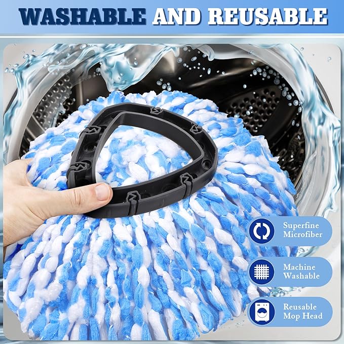4 Pack Spin Mop Replacements Heads, Microfiber, Compatible with Oceda RinseClean 2-Tank System, Includes 1 Gray Mop Scrub Brush, 1 Mop Base, 4 Easy Cleaning Mop Heads, Blue Color